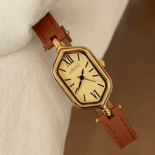 Elegant Chic – Women’s Brown Leather Strap Gold Diamond-Shaped Quartz Watch