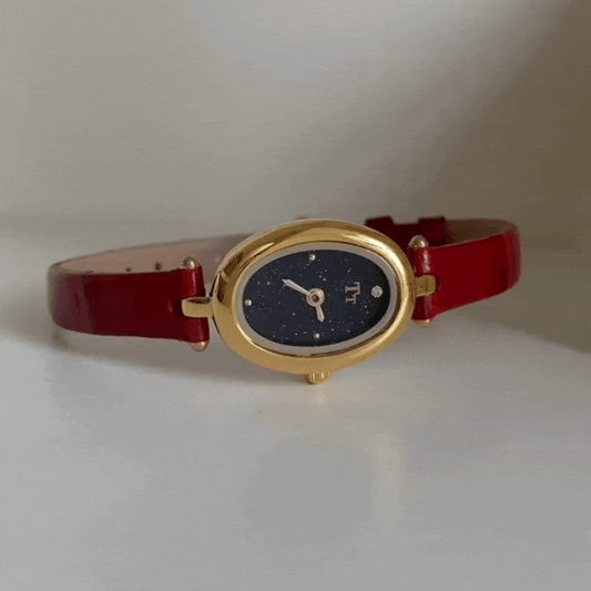 Red Women’s Classic Watch – Gold Case with Black Starry Dial Leather Strap | Nova