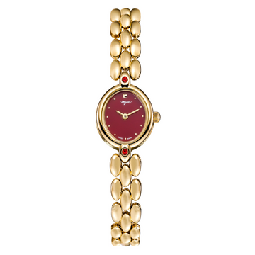 Gold Women's Watch – Dainty Oval Red Dial Bangle Style Bracelet | Ruby