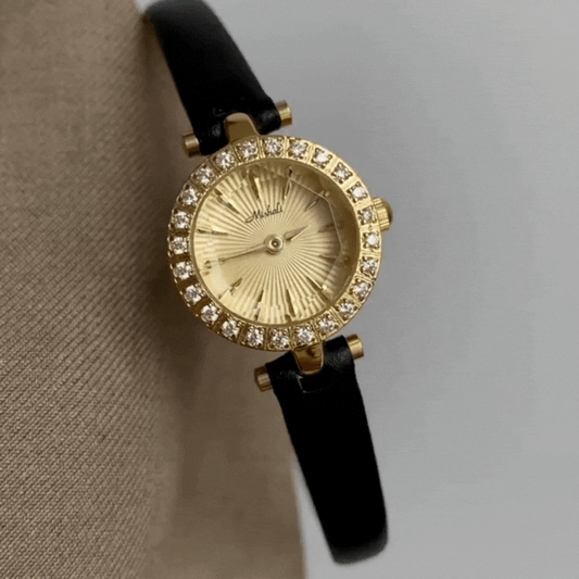 Gold Women’s Watch – Dainty Watch with Round Crystal Bezel & Black Leather Strap | Halo