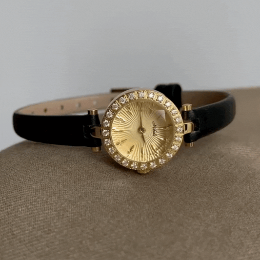 Gold Women’s Watch – Dainty Watch with Round Crystal Bezel & Black Leather Strap | Halo