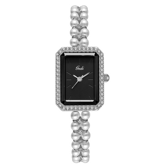 Black Women’s Watch – Silver Rectangular Dial with Pearl Bracelet & Crystal Case | Fleur
