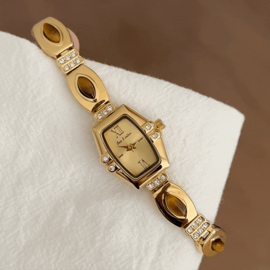 Elegant Vintage Gold Tone Watch with Peacock Gemstone Inlay & Alloy Bracelet, Quartz Movement