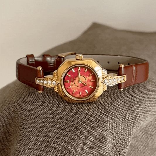 Aura Curve - Fashion Classic Brown Gold Case Red Dial Ladies Quartz Watch with Sculpted Oval Dial