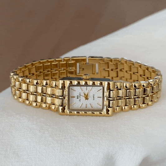 Classic Vintage Square White Dial Gold-Tone Alloy Bracelet Quartz Watch