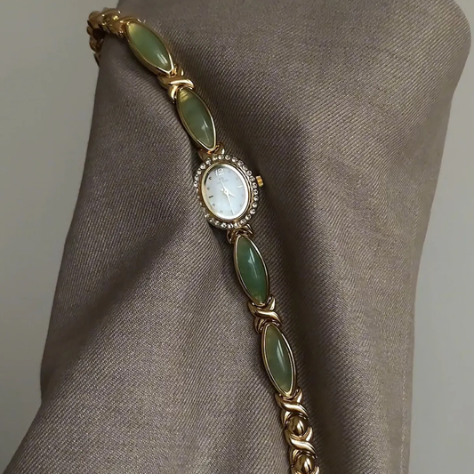 Groene chalcedony inlay ovale dial dial bracelet dames kwarts horloge