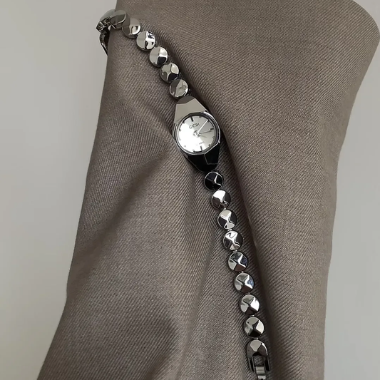 Women's Quartz Watch – Silver Beaded Bracelet Style with Irregular Case and Small Round Dial