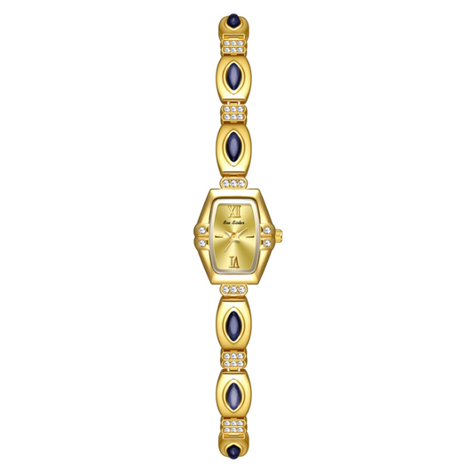 Elegant Vintage Watch with Gold Dial, Blue Gemstone Accents & Alloy Bracelet, Quartz Movement