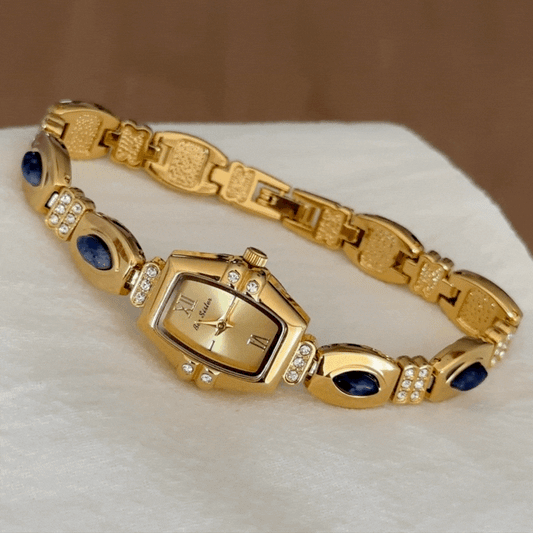 Elegant Vintage Watch with Gold Dial, Blue Gemstone Accents & Alloy Bracelet, Quartz Movement
