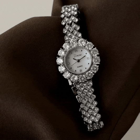 Silver Round Watch for Women – Full Crystal Bezel & White Mother-of-Pearl Dial | Snowlight