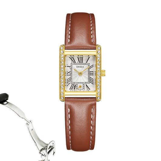 Brown Women's Watch – Rectangular Gold Roman Dial Leather Watch | Laurel