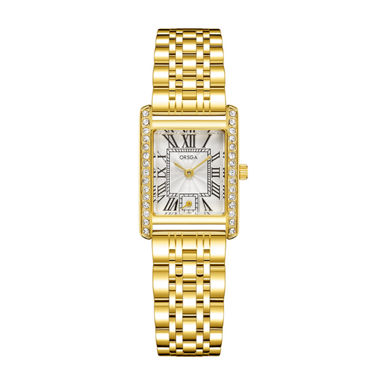 Gold Women's Watch – Rectangular White Dial with Roman Numerals and Crystal Bezel | Florence