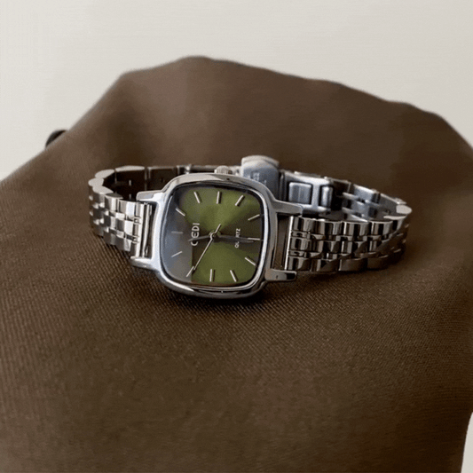 Silver Steel Link Timepiece: Mini Square Green Dial Watch