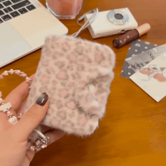 Pink Leopard Plush Coin Purse β Soft Fuzzy Fabric Mini Wallet, Cute Animal Print Pouch for Women & Girls