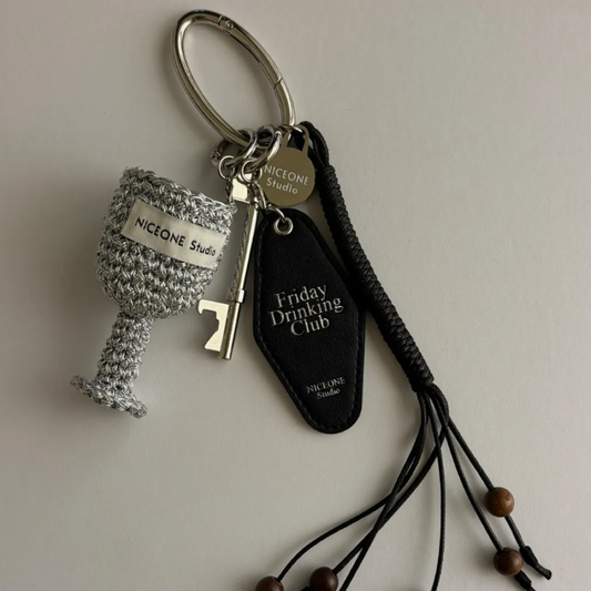 Silver Crochet Wine Glass Keychain with Gold Accents | Cheers