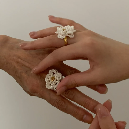 “A Camellia Blossom” Handmade Beaded Ring – Adjustable Birthday Gift, 4-Layer Pearl Bead Flower, Gold-Plated Copper, Fits 58–62mm