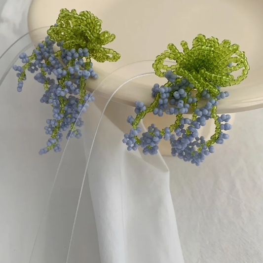“Holiday Blossom Sea” Handmade Blue Floral Beaded Earrings – Romantic Bohemian Vacation Jewelry