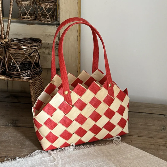 Japanese Woven Wooden Chip Handbag β Red Plaid Basket Tote, Handmade Retro Picnic-Style Bag