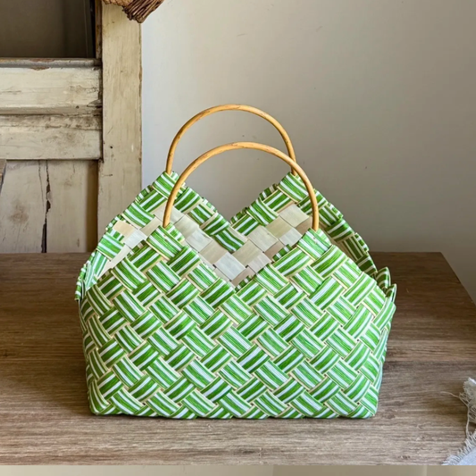 Japanese Green Woven Wooden Chip Handbag β Large Handmade Basket Tote, Natural Retro Picnic Bag