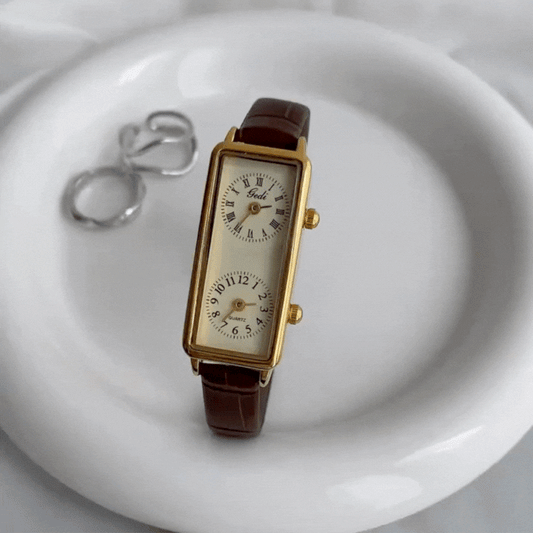 Brown Women's Dual Dial Watch | Rectangle Gold Face | Leather Strap | Elegant Style – Duo