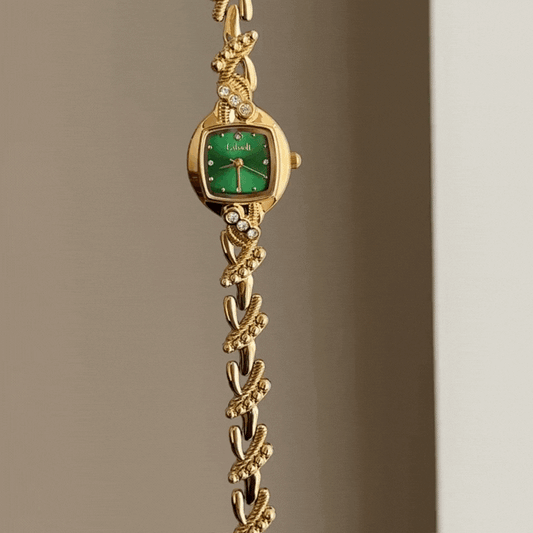 Vintage Square Green Dial Watch with Gold-Tone Case & Ornamental Vine-Inspired Alloy Bracelet