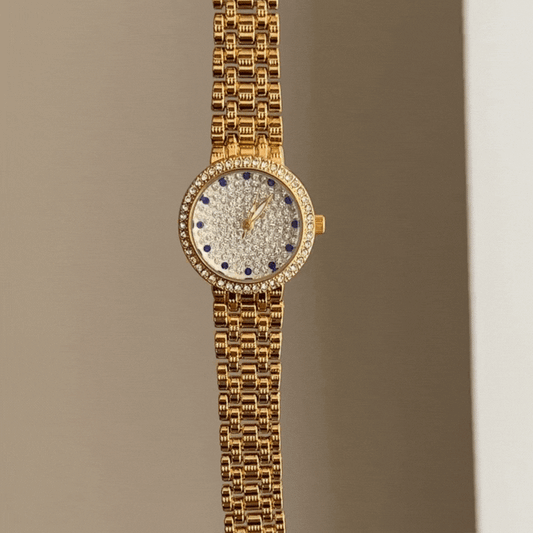 Elegant Diamond-Accented Watch: Round Silver Dial with Micro-Diamonds & Gold-Tone Bracelet
