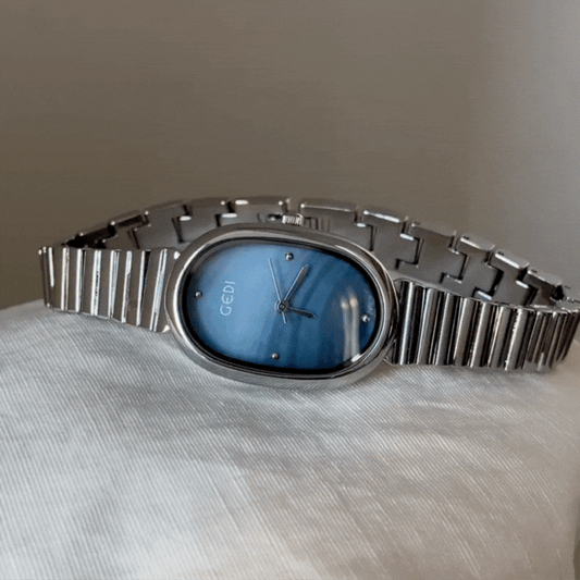 Silver Women’s Oval Blue Mother-of-Pearl Dial Quartz Watch Minimalist Elegant Style