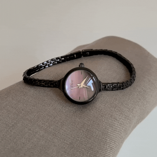Black Dainty Watch – Women's Quartz Watch with Thin Strap & Purple Mini Round Dial | Violet Mist