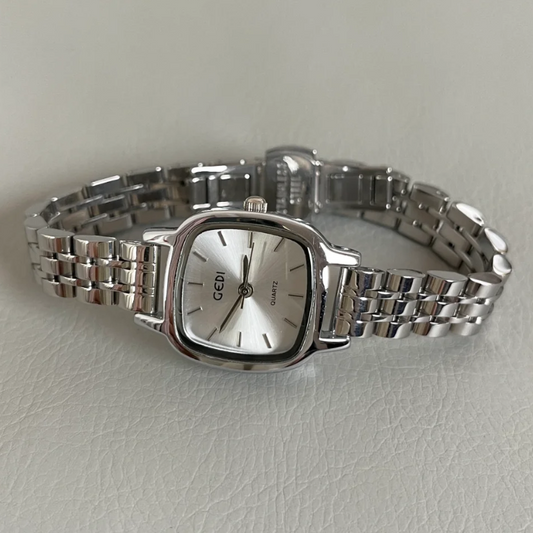 Silver Steel Chain Square White Dial Ladies Quartz Watch