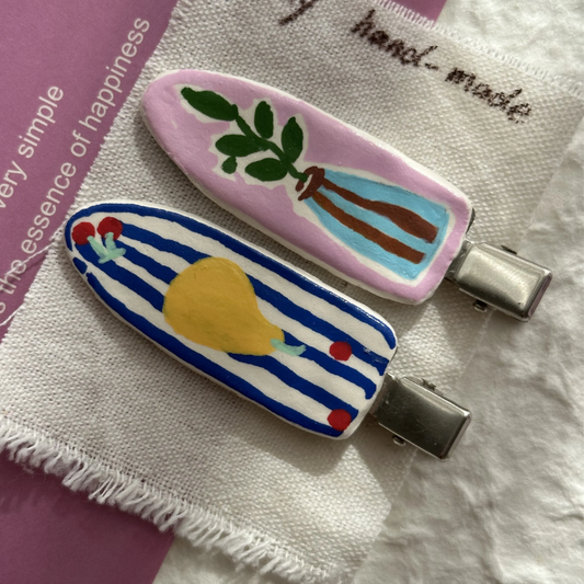 Summer French Kitchen – Hand-Painted No-Crease Hair Clips (Set of 2)