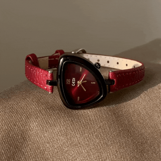 Red Women Watch – Irregular Triangle Face Dainty Watch Leather Strap Unique Style | Flame