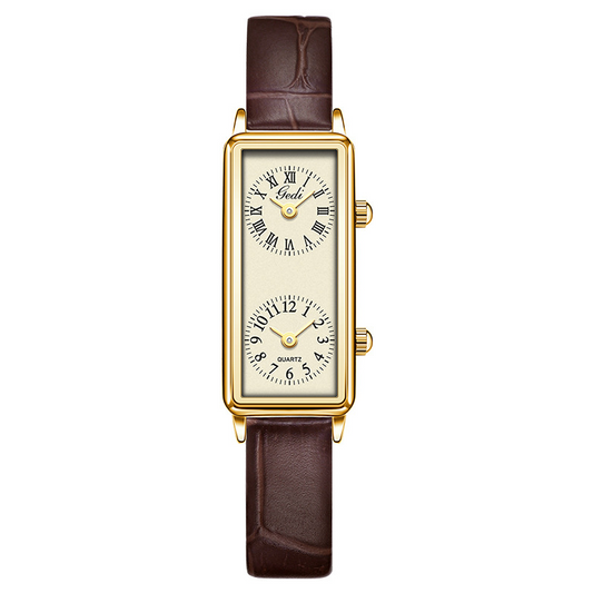 Brown Women Dual Dial Leather Quartz Watch – Autumn Grace