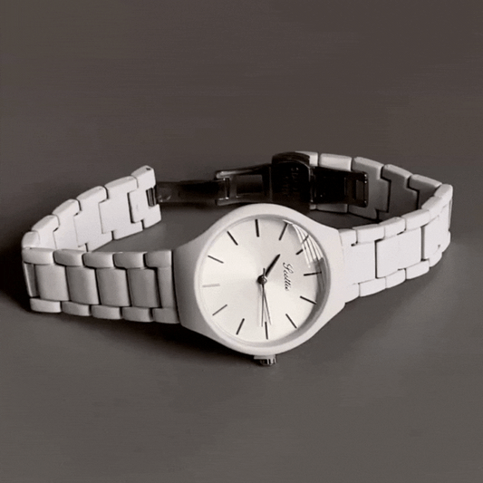 White Women’s Minimalist Watch – Round Oversized Dial Quartz Watch with Wide Strap | Arvia