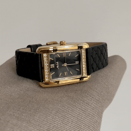 Chic Noir – Women’s Quilted Leather Watch with Gold Frame