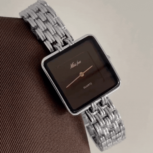Silver Women’s Minimalist Watch – Square Oversized Black Dial Quartz Watch with Metal Bracelet | Noire