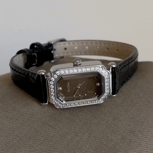 Black Women’s Dainty Watch – Rectangular Starry Dial Quartz Watch with Silver Diamond-Set Case & Leather Strap | Nuit