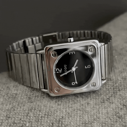 Silver Women’s Minimalist Watch – Round Black Dial Quartz Watch with Wide Square Case & Metal Strap | Nova