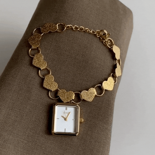 Gold Women’s Watch – Heart Charm Bracelet Watch with White Square Dial | Amour