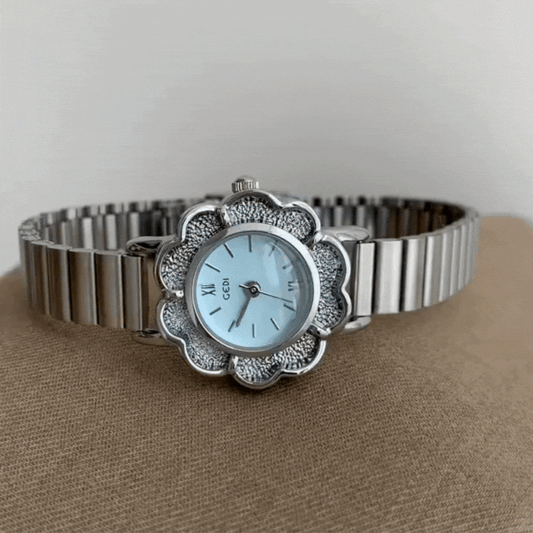 Silver Women’s Watch – Minimal Round Blue Dial Quartz Watch with Teapot-Inspired Case & Slim Strap | Camellia