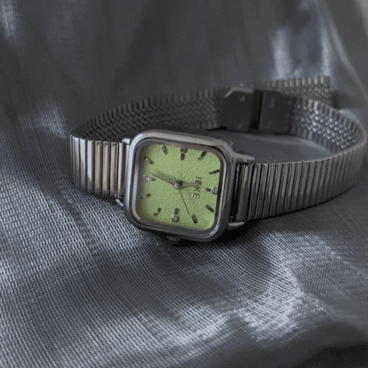 Mint Breeze - Women's Silver Bamboo Armband Watch With Square Green Dial