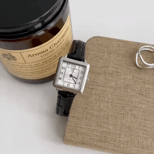 Black Women’s Watch – Square Silver Dial Watch with Leather Strap | Luna