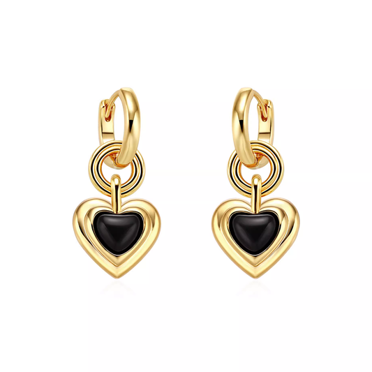 Double-Layer Detachable Black Onyx Heart Earrings