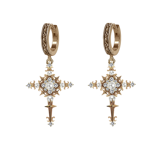 Vintage Pearl Cross Hoop Earrings