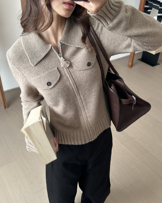 Wool-Blend Zipper Knit Cardigan