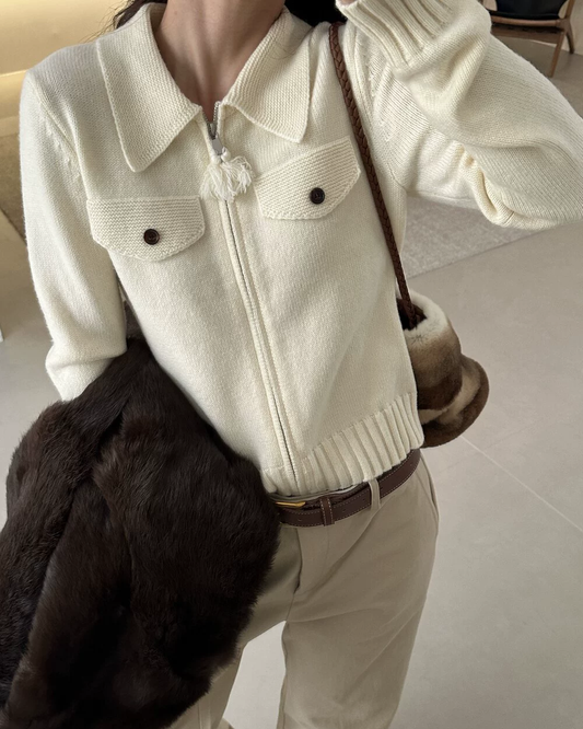 Wool-Blend Zipper Knit Cardigan