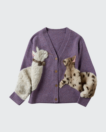OUTTHE BLUE Fuzzy Cat Embroidered Knit Cardigan — Lilac Eco-Fur Edition