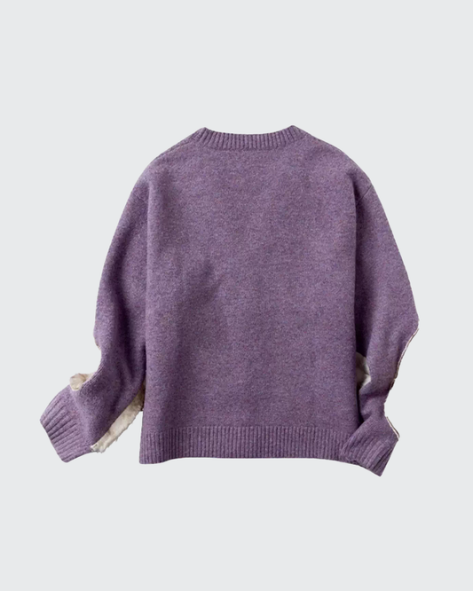 OUTTHE BLUE Fuzzy Cat Embroidered Knit Cardigan — Lilac Eco-Fur Edition