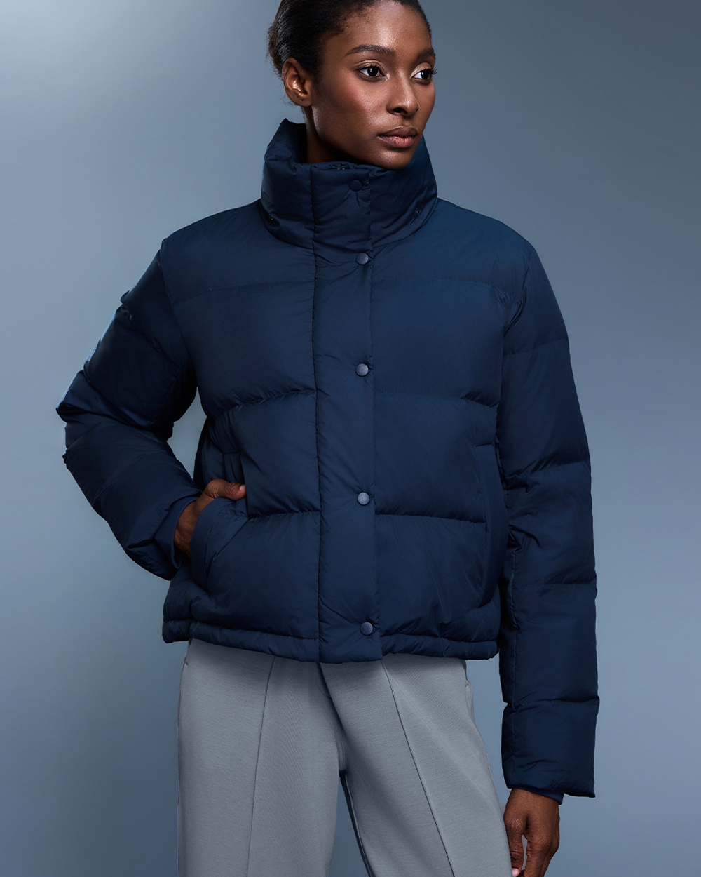 Detachable Hood Thickened Warm White Duck Down Jacket Blue M