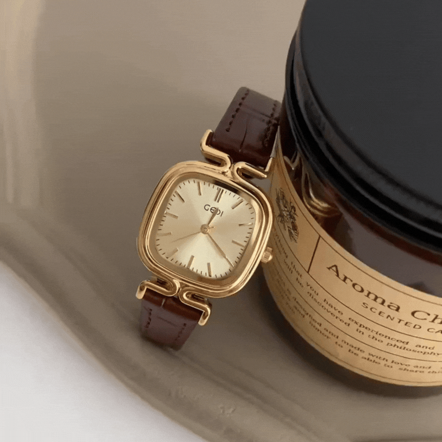 Coffee Leather Square Gold Watch for Women – Elegant 