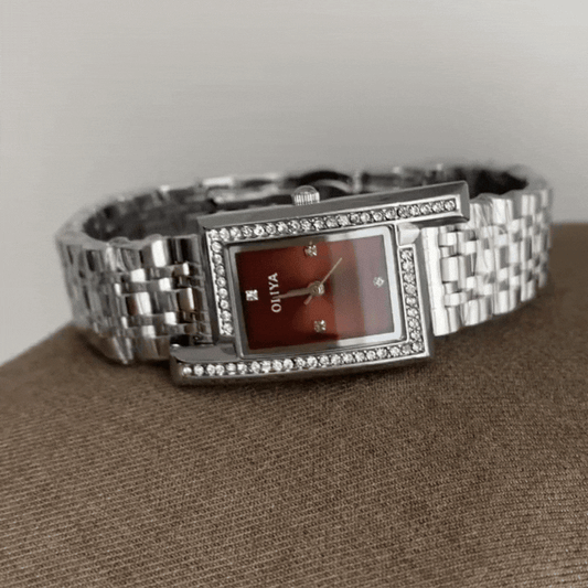 Sofistikerad granat Tidstycke: Square Dial & Silver Steel Quartz Watch